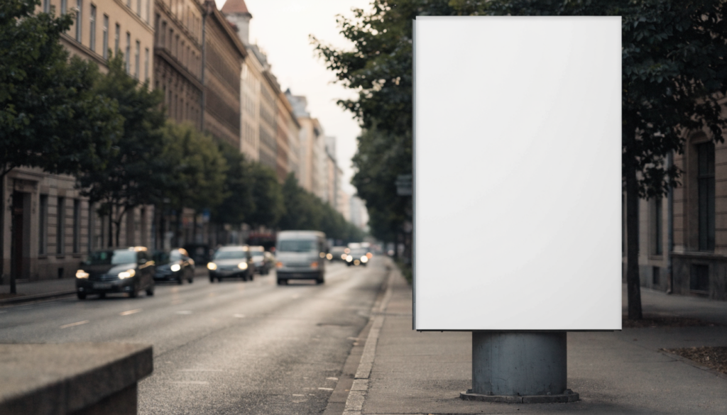 Panneau publicitaire grand format vierge installé le long d'un boulevard, vu depuis le trottoir