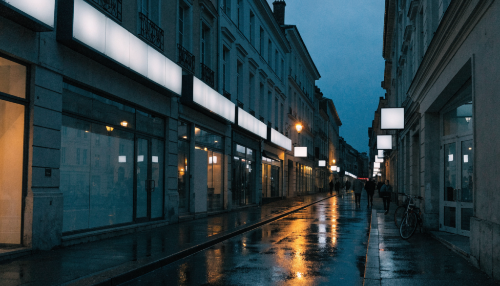 Rue commerçante photographiée de nuit, enseignes lumineuses allumées au-dessus des devantures