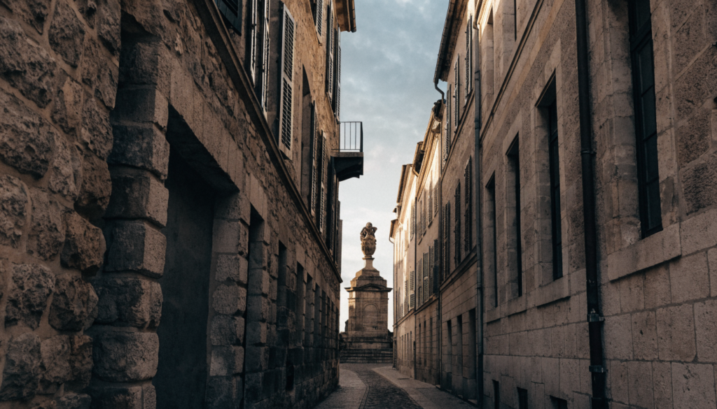 Rue de centre ancien aux abords d'un monument historique, façades de pierre dépourvues de tout dispositif publicitaire