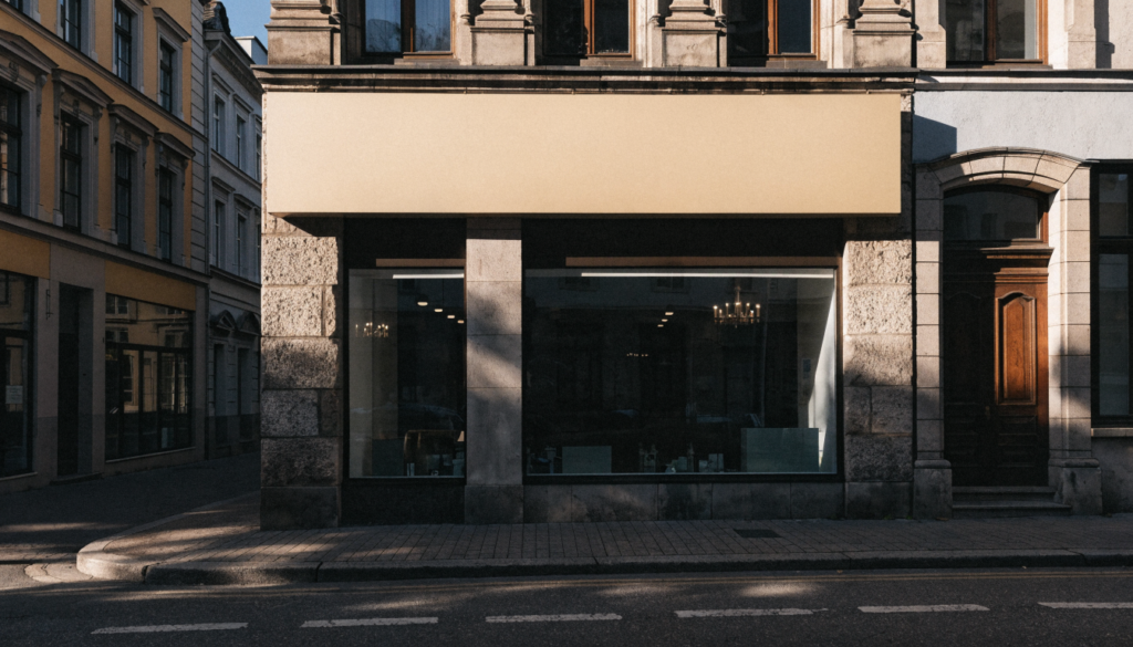 Enseigne de commerce en bandeau au-dessus d'une devanture, photographiée depuis le trottoir opposé